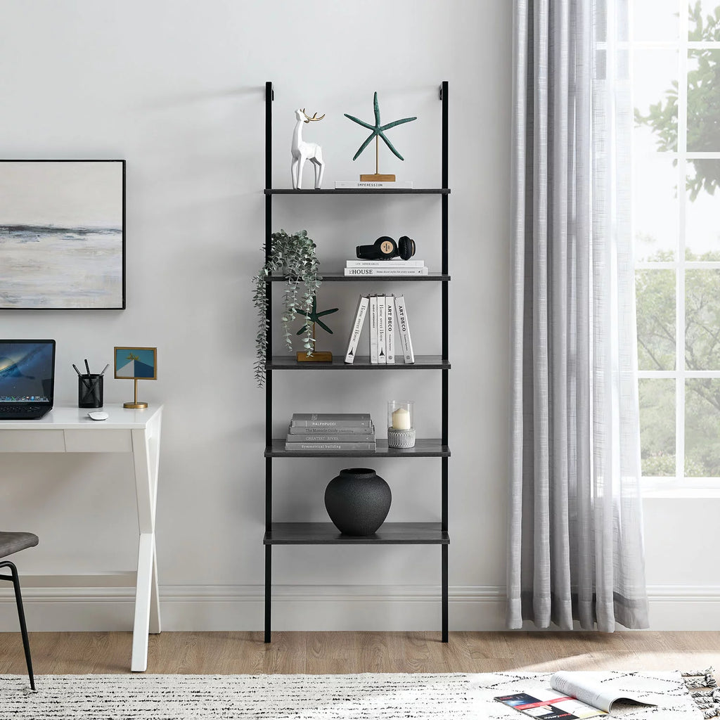 5-Shelf Ladder Bookcase Black Wood and Metal S855