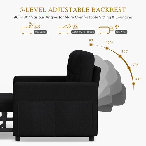 55" Convertible Sofa Bed, 3-in-1 Sleeper Sofa with Pull-Out Bed, Linen Futon Couch, Black L41624