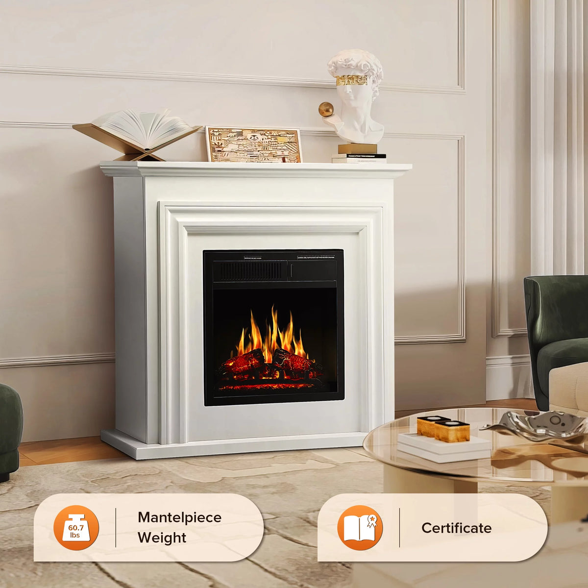 36" Freestanding Electric Fireplace with White Mantel J5759