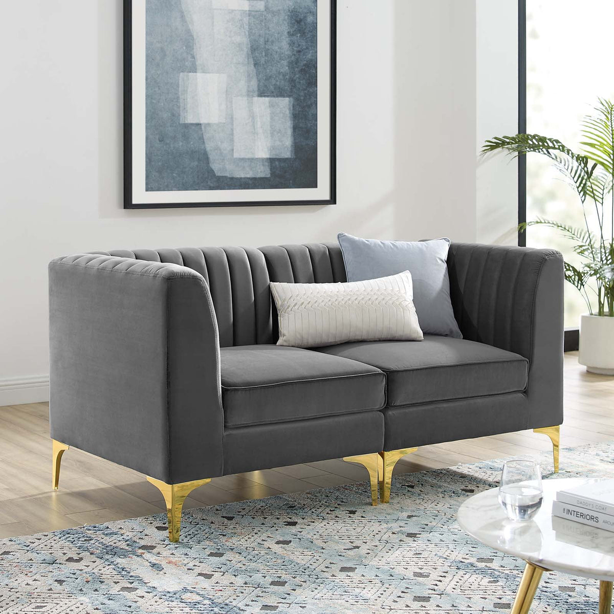 Gray Channel Tufted Performance Velvet Loveseat L757