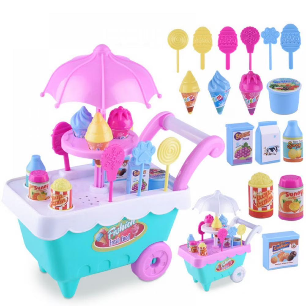 16 Piece Ice Cream Cart Toy Set with Umbrella Food Dishes V26002