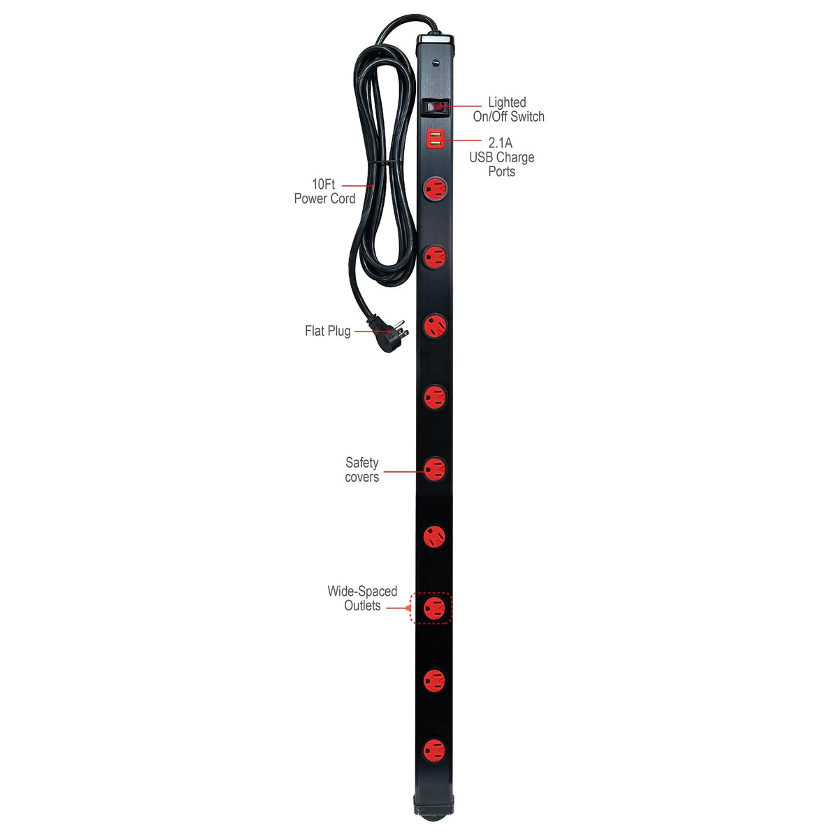 9 Outlet Metal Power Strip with 2 USB Ports S606
