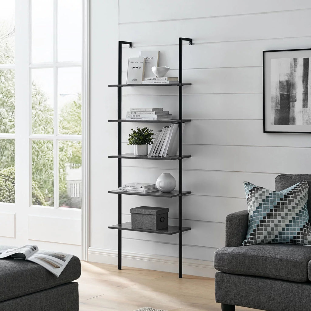 5-Shelf Ladder Bookcase Black Wood and Metal S855