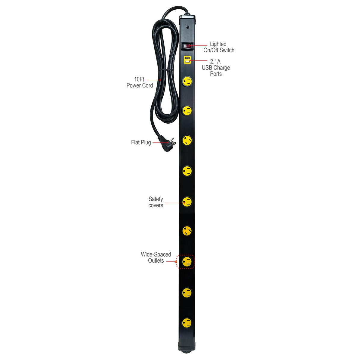 9 Outlet Metal Power Strip with 2 USB Ports S606