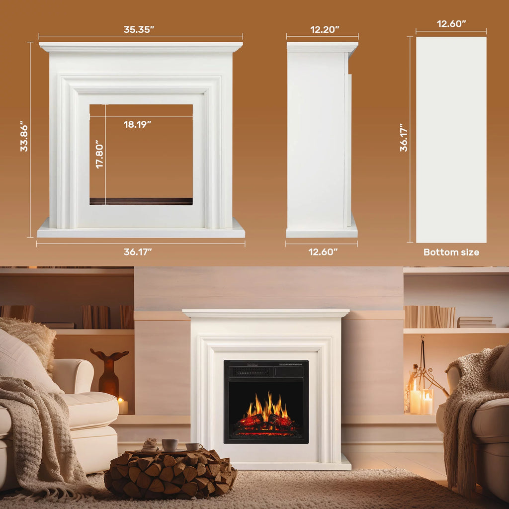36" Freestanding Electric Fireplace with White Mantel J5759