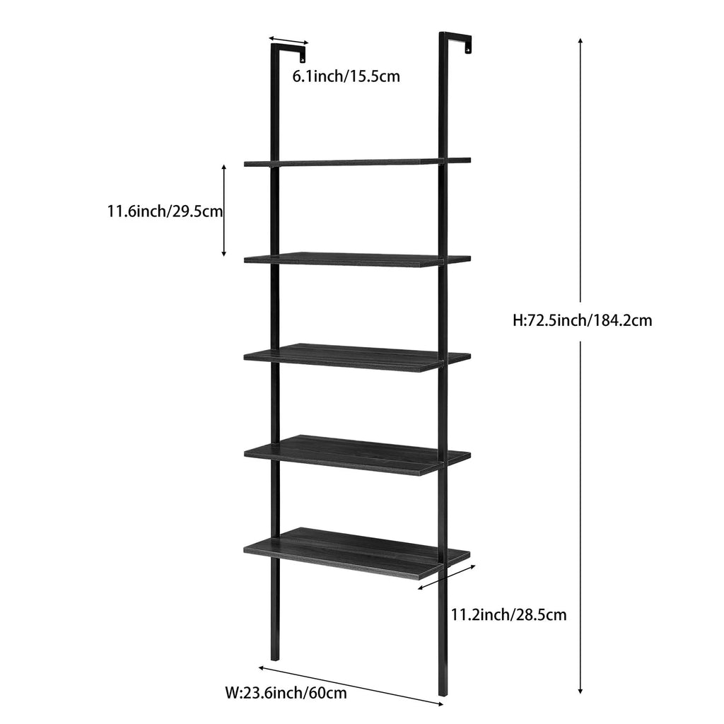 5-Shelf Ladder Bookcase Black Wood and Metal S855