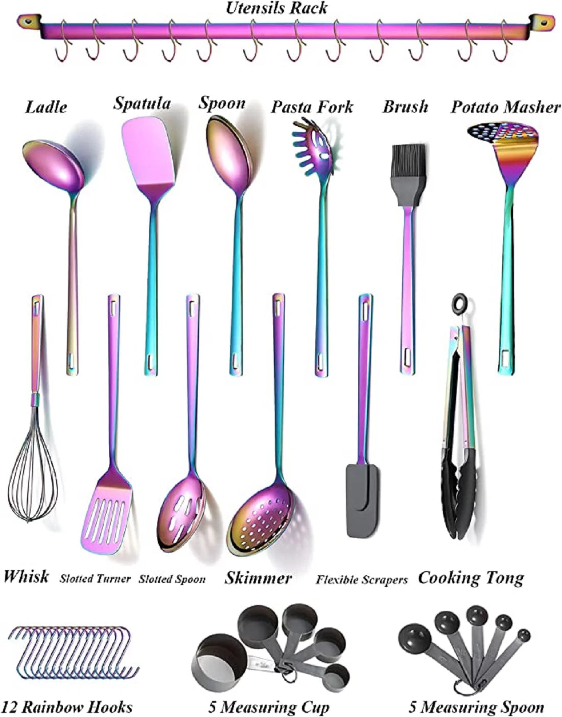 37 Piece Colorful Silicone Stainless Steel Utensils Set with Holder N968